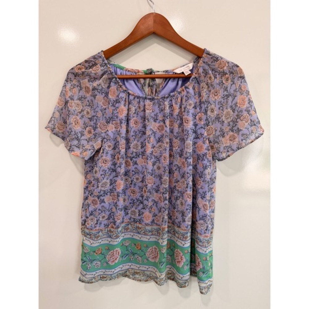 LC Lauren Conrad‎ Purple Floral Chiffon Blouse XS Short Sleeve Keyhole Back Top